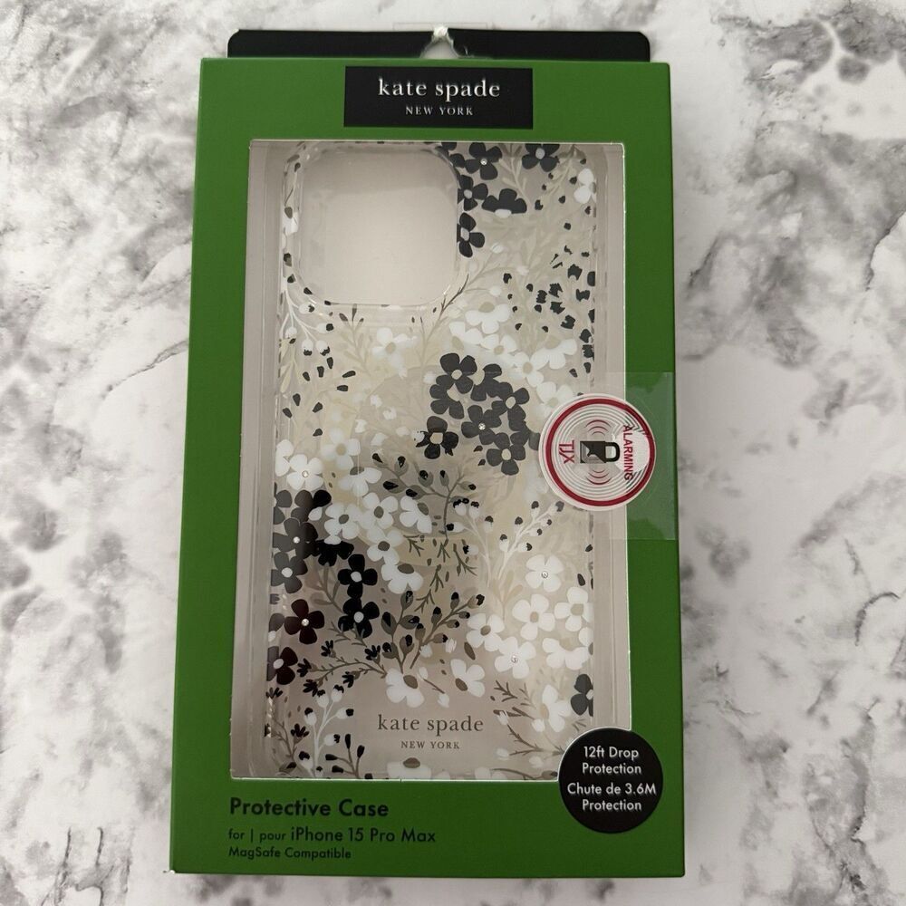Kate Spade Protective Magsafe Case iPhone 15 Pro Max black Gold white Flower New